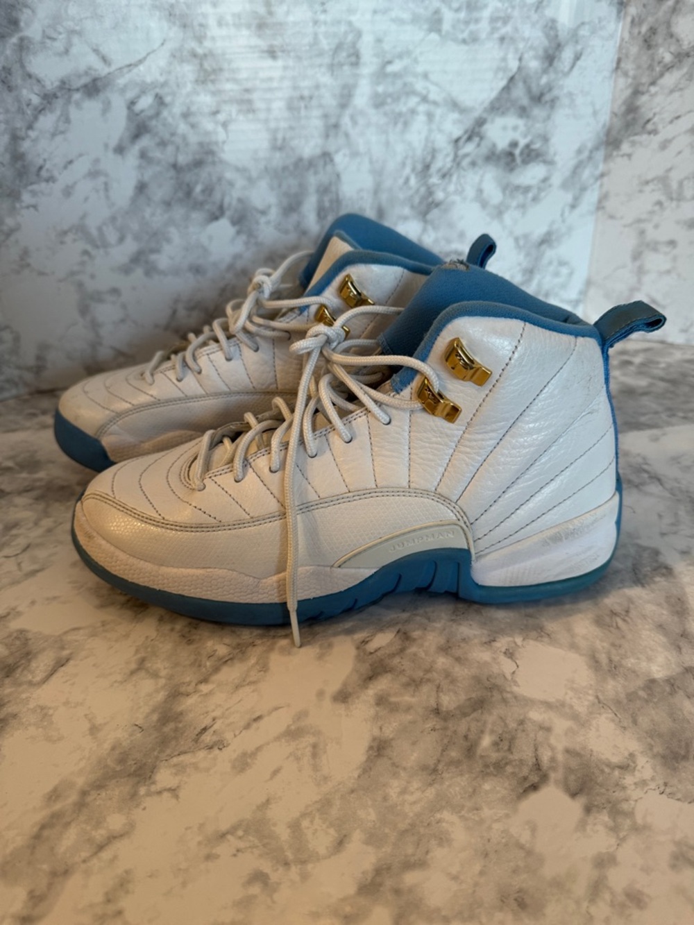 Jordan 12 White and Sky Blue Leather Basketball Shoes